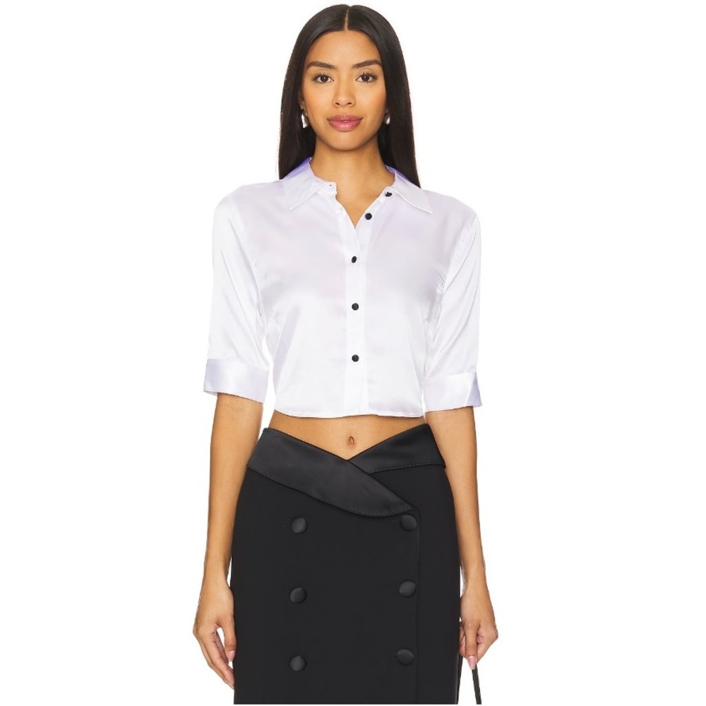L'AGENCE Niccola Cropped Silk Blouse White Black XXS